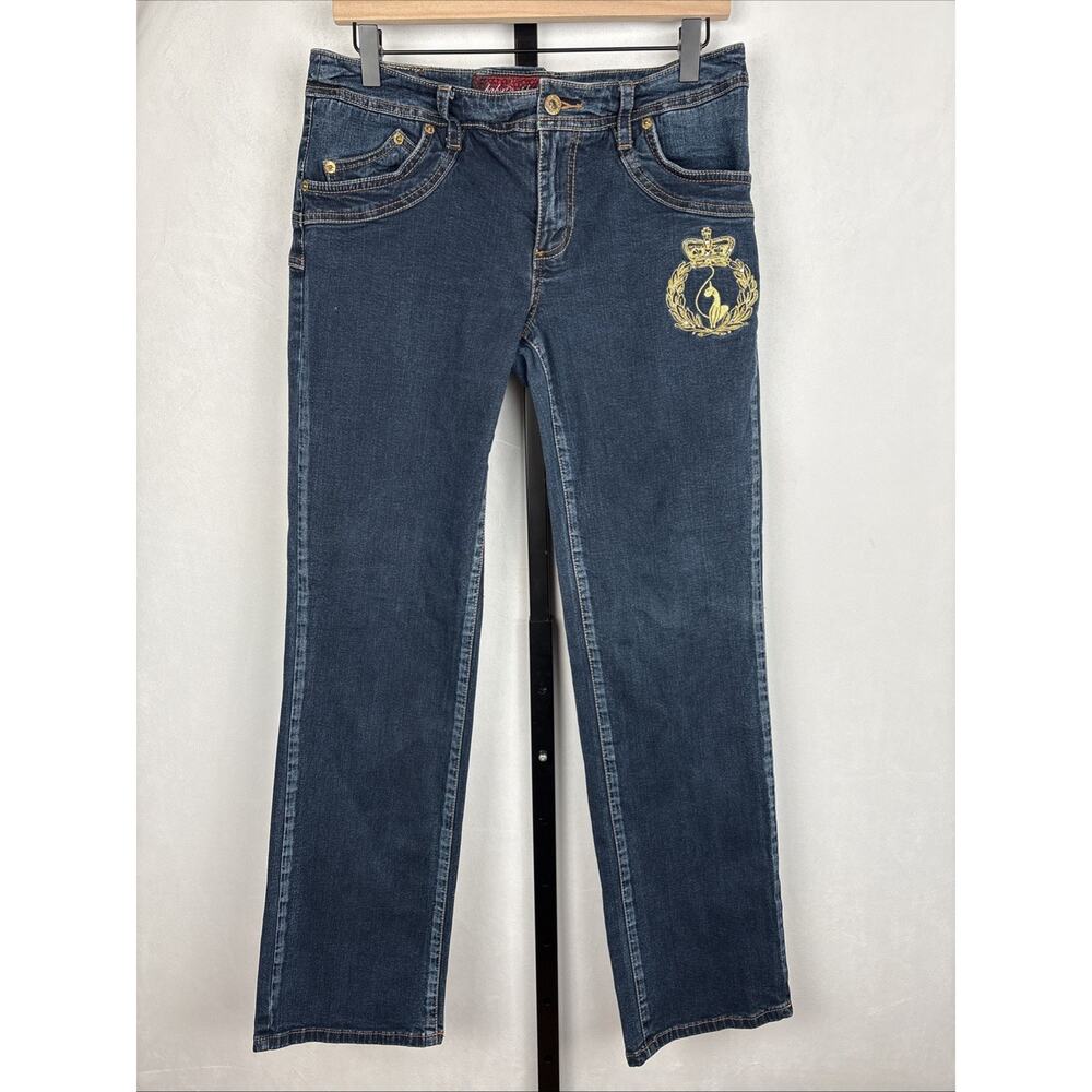 VTG Baby Phat Dark Wash Jeans Sz 11 Embroidered Logo Crown Rhinestones Bling Y2K